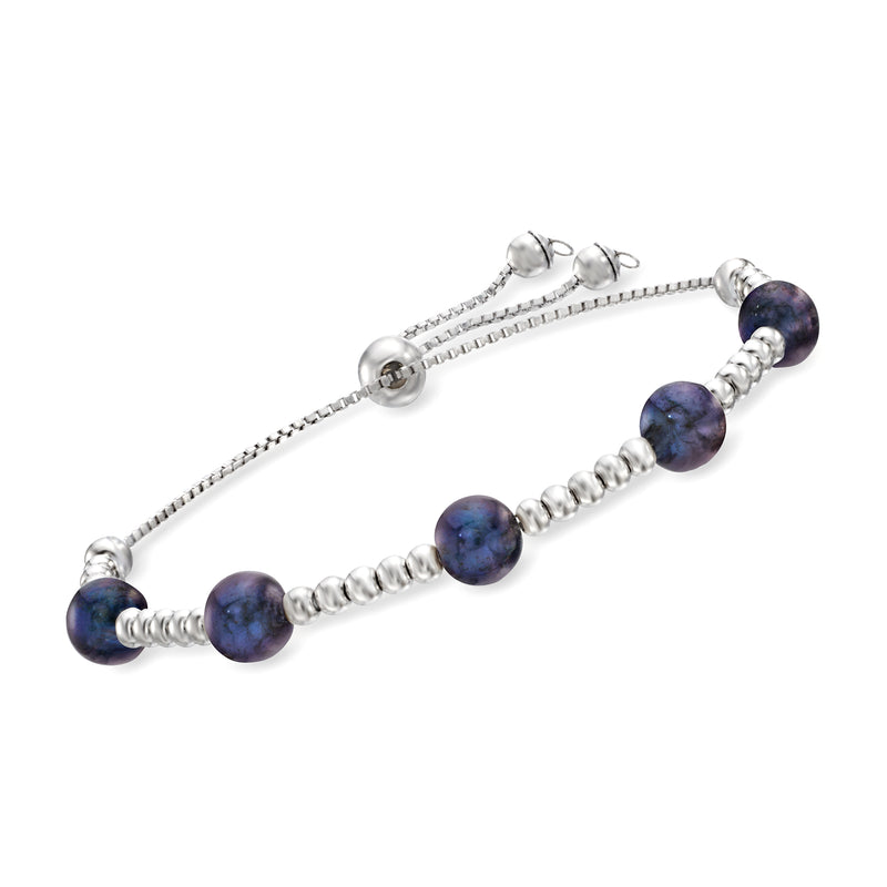 Sterling silver bolo bracelet with dark cultured pearl beads and adjustable slide chain