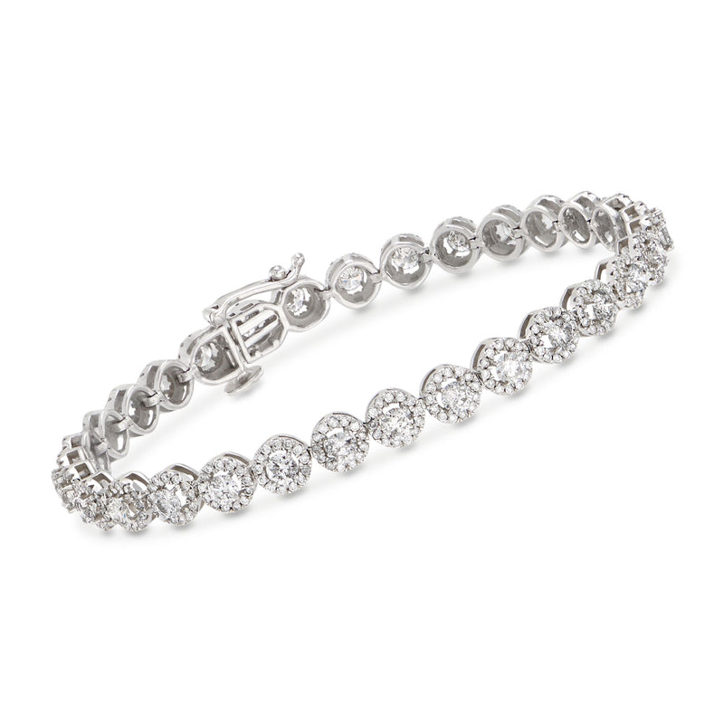 14kt white gold diamond halo bracelet with round stones in a shimmering tennis style