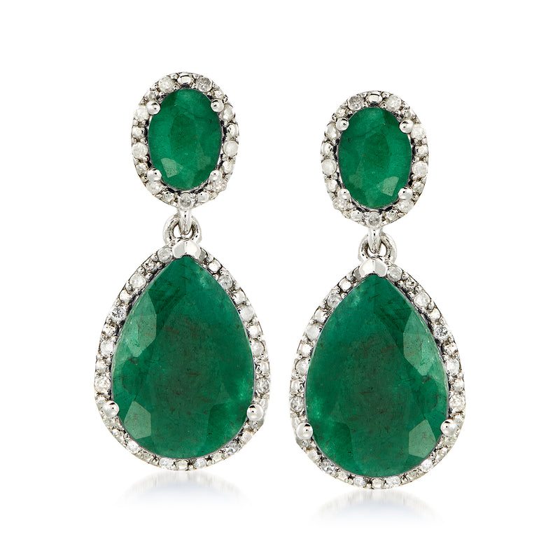 Sterling silver drop earrings: green oval emerald with diamond halo, teardrop dangle