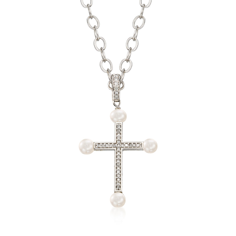 Sterling silver cross pendant necklace with cultured pearls and diamond accents