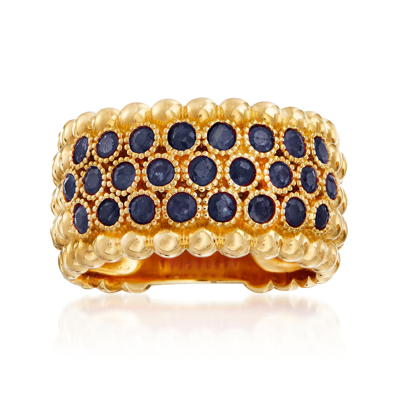 Gold beaded ring with dark blue sapphire-look stones, multi-row band
