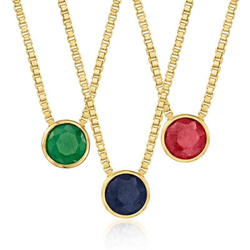 Gold-tone adjustable birthstone necklace with round bezel green, red, and navy gems