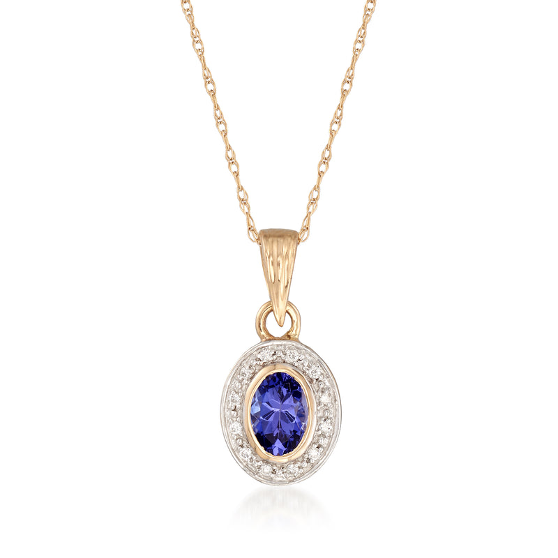 14kt gold oval tanzanite pendant with diamond halo on chain