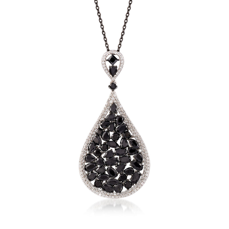 Sterling silver teardrop pendant with black spinel cluster and white topaz accents