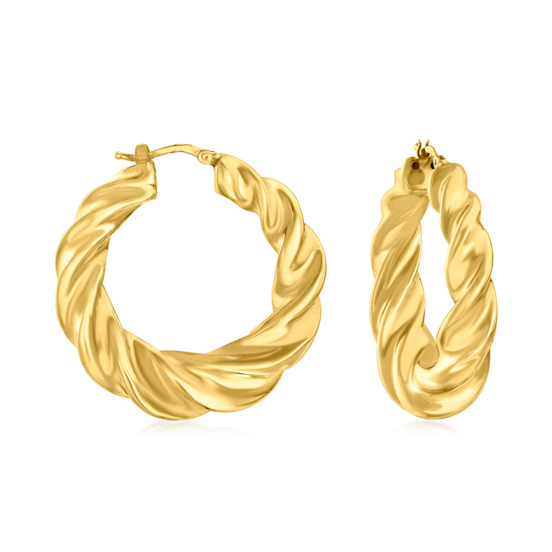 18kt yellow gold graduated twisted hoop earrings, polished twisted bands