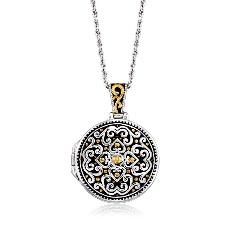 Two-tone sterling silver locket necklace, ornate round front with gold accent bail
