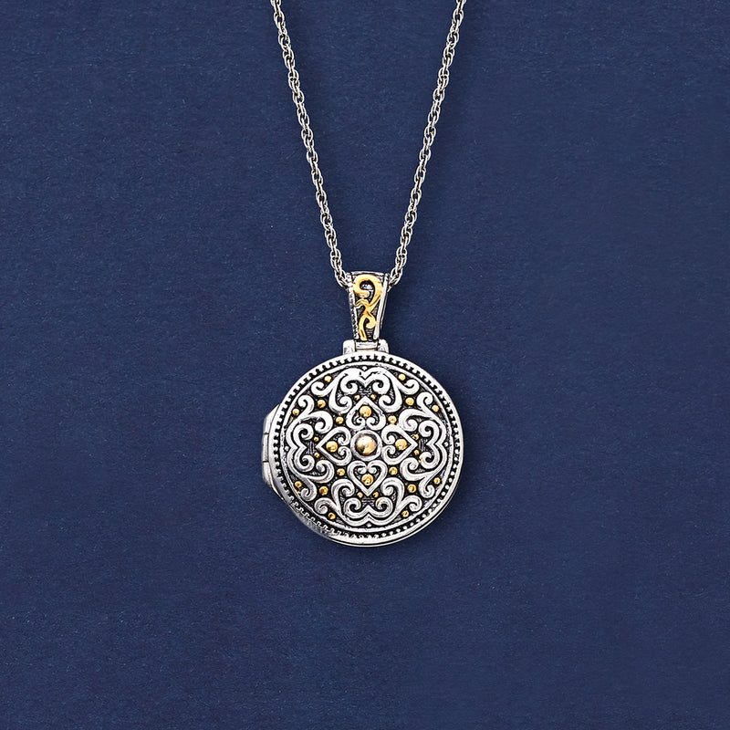 Two-tone sterling silver locket necklace, filigree round locket with gold trim