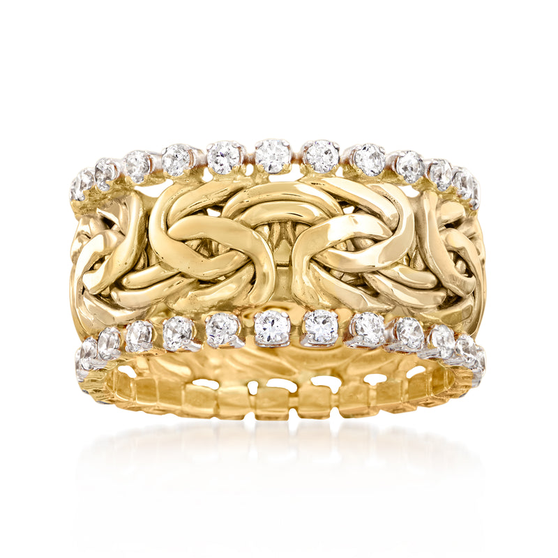 14kt yellow gold Byzantine eternity band with round CZ stones, wide design