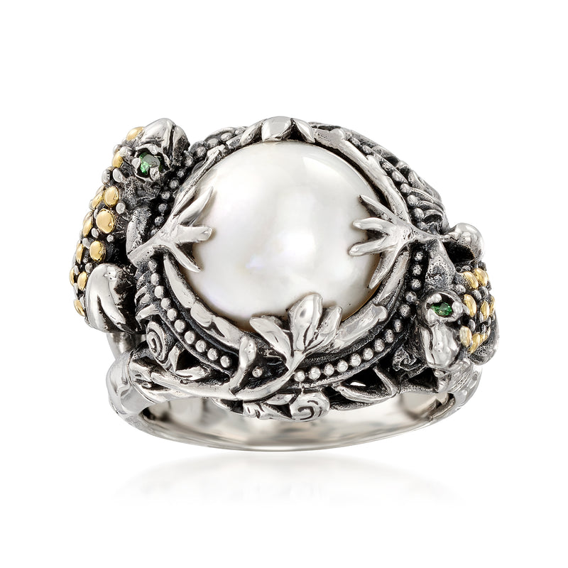 Sterling silver mabe pearl frog ring with round white pearl and green accents