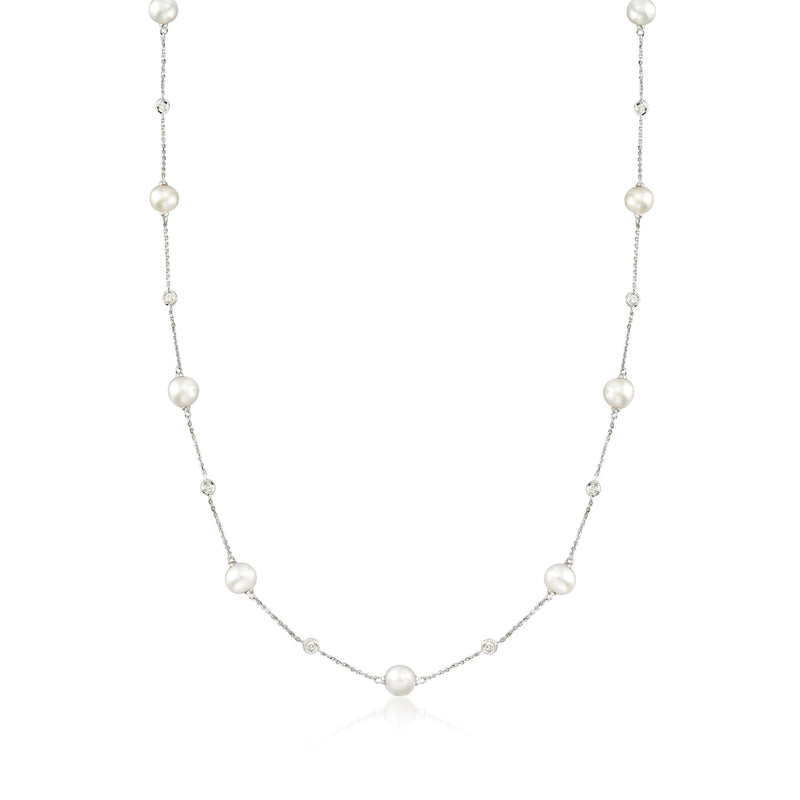 Cultured pearl station necklace with small round white stones on white gold chain