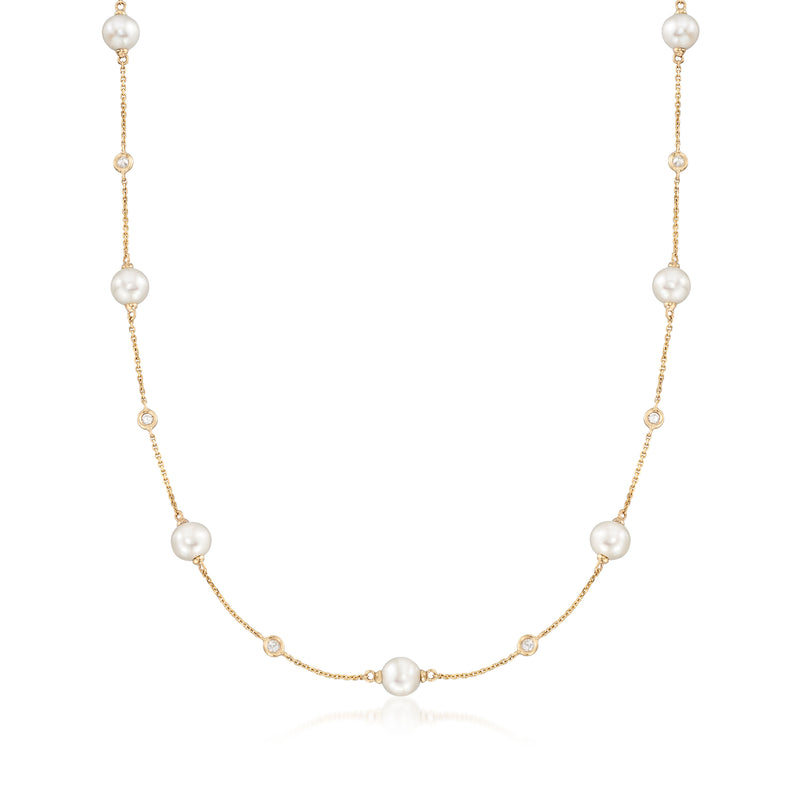 14kt yellow gold necklace with cultured pearl stations and small diamond links