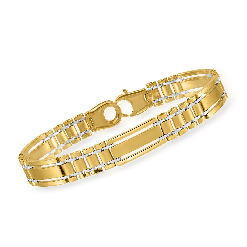 Men's 14kt yellow gold polished and satin link bracelet, hinged clasp