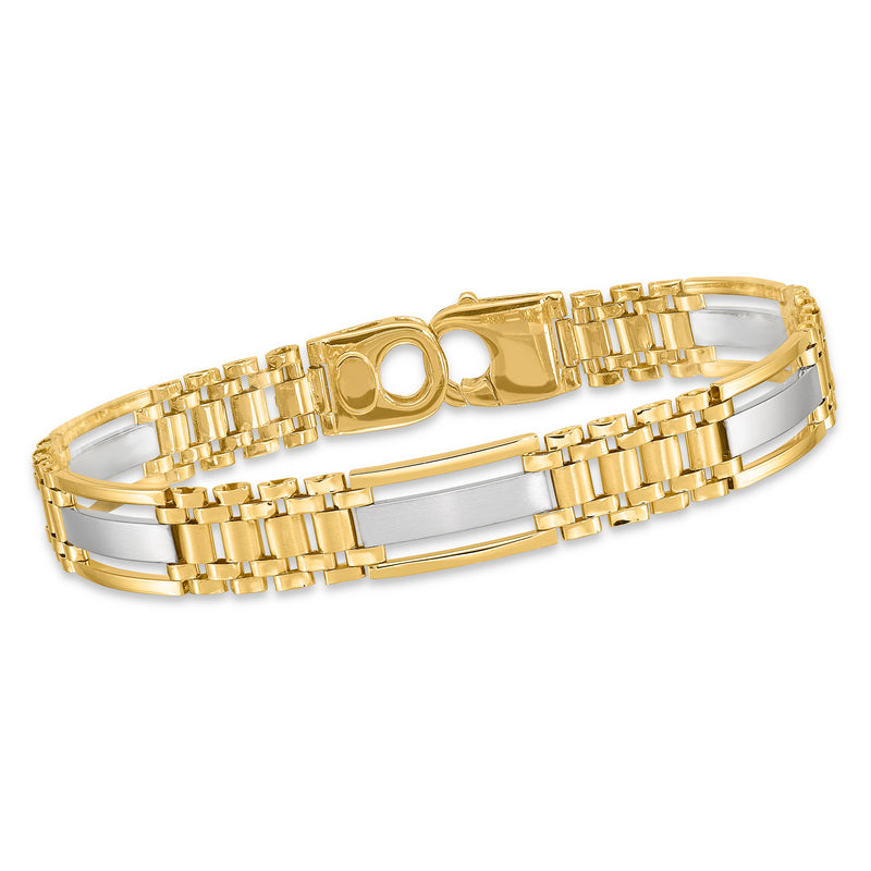 Men's 14kt two-tone polished and satin link bracelet with gold clasp, 8.75 in.