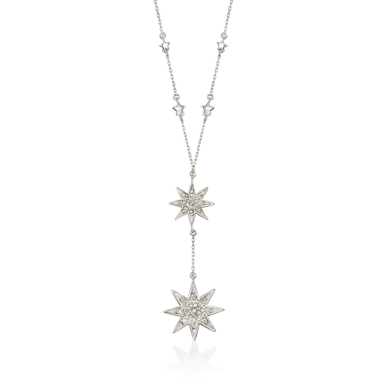 Sterling silver diamond Y-necklace with two star pendants