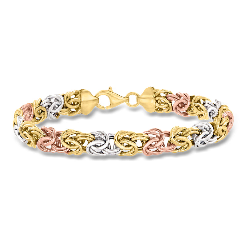 Tri-colored 14k gold Byzantine bracelet with oval chain links and clasp