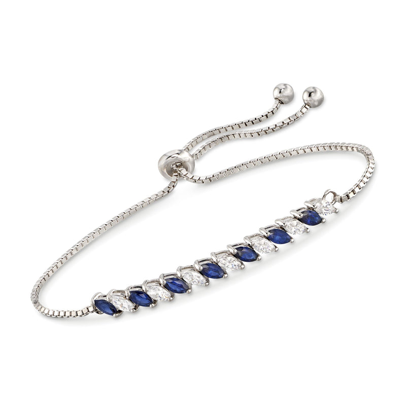Sterling silver bolo bracelet with blue CZ stations and adjustable sliding ends