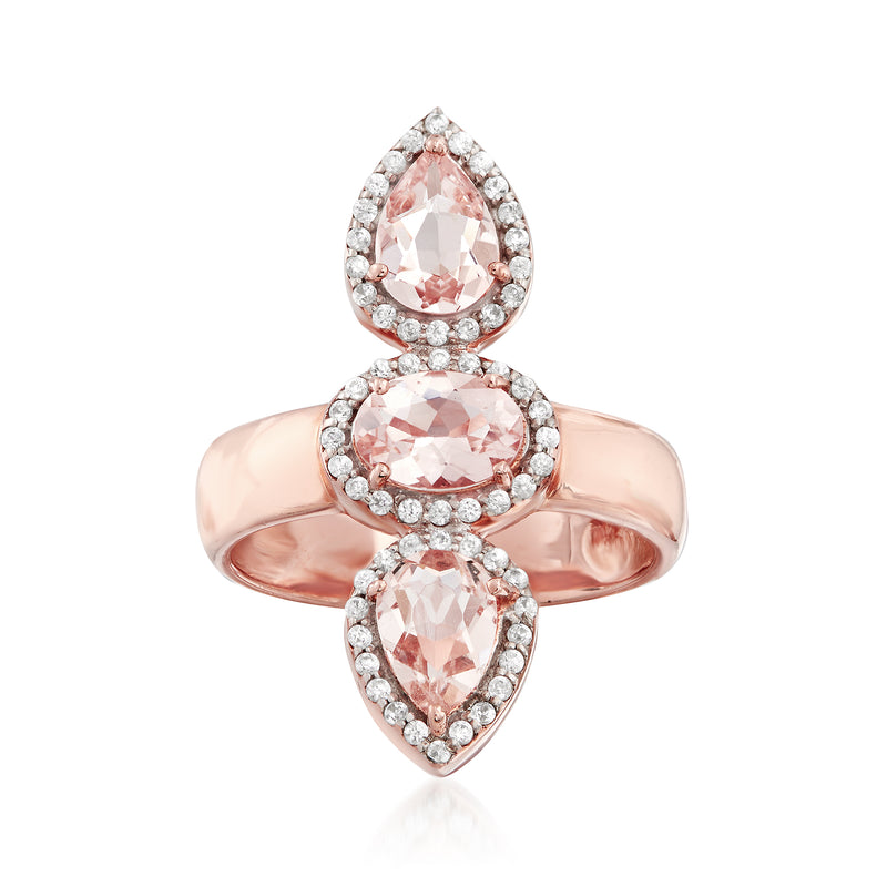 Rose gold morganite pear frame ring with three pink stones and white accents