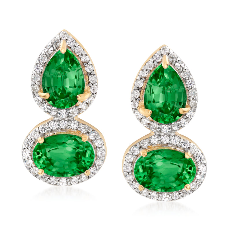 18kt gold drop earrings with two green pear and oval stones, white zircon halos