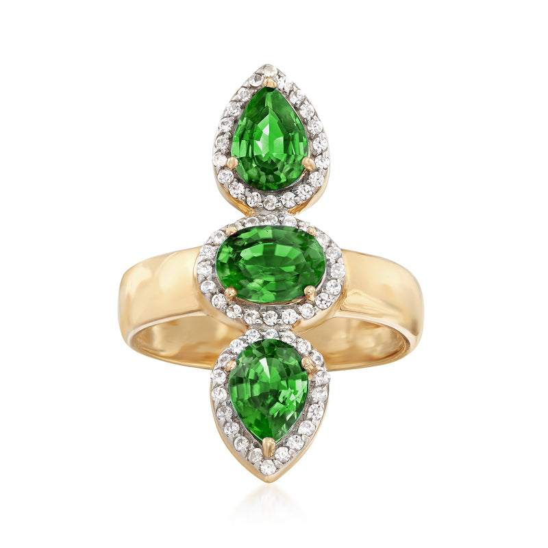 Gold over sterling ring with three green teardrop stones and white zircon halos