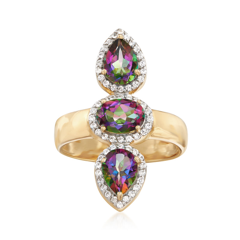 Gold over sterling ring with three pear-shaped multicolored gemstones and white zircon halo
