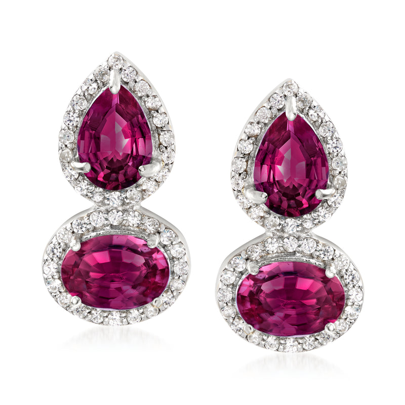 Sterling silver drop earrings with purple rhodolite garnet pear drops and white zircon halo