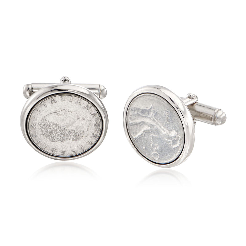 Round coin-style sterling silver cuff links with engraved face and hinge backs