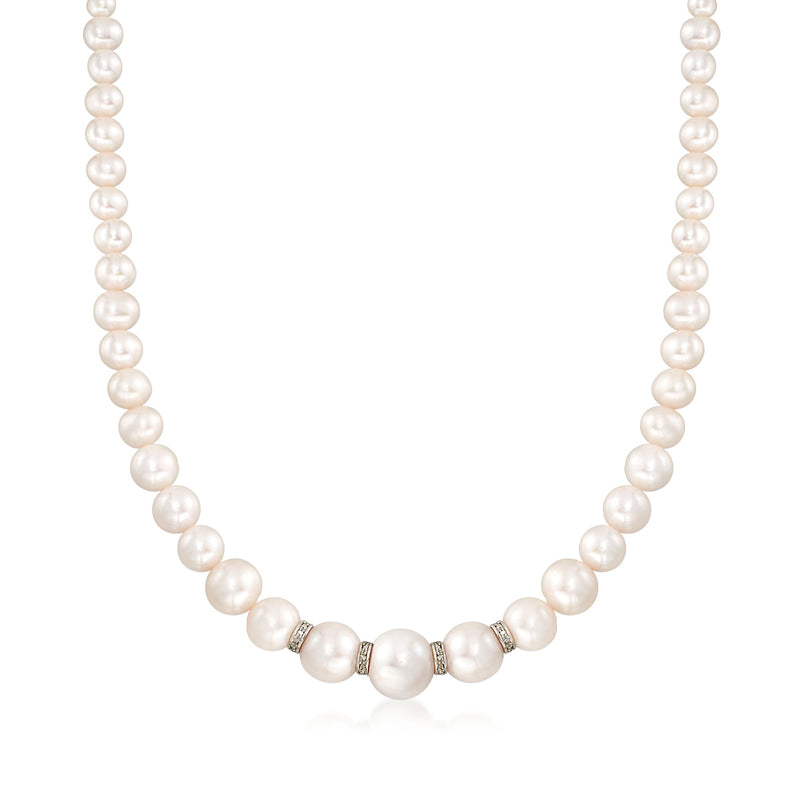Graduated cultured pearl necklace with sterling silver clasp and small diamond accents