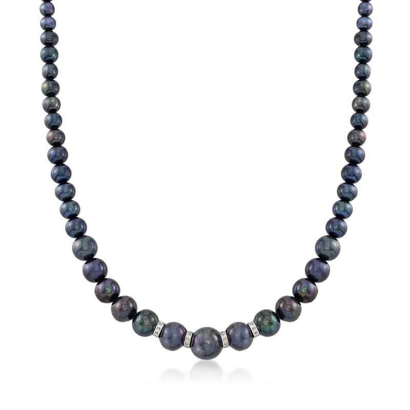 Graduated black cultured pearl necklace with diamond accents, sterling silver