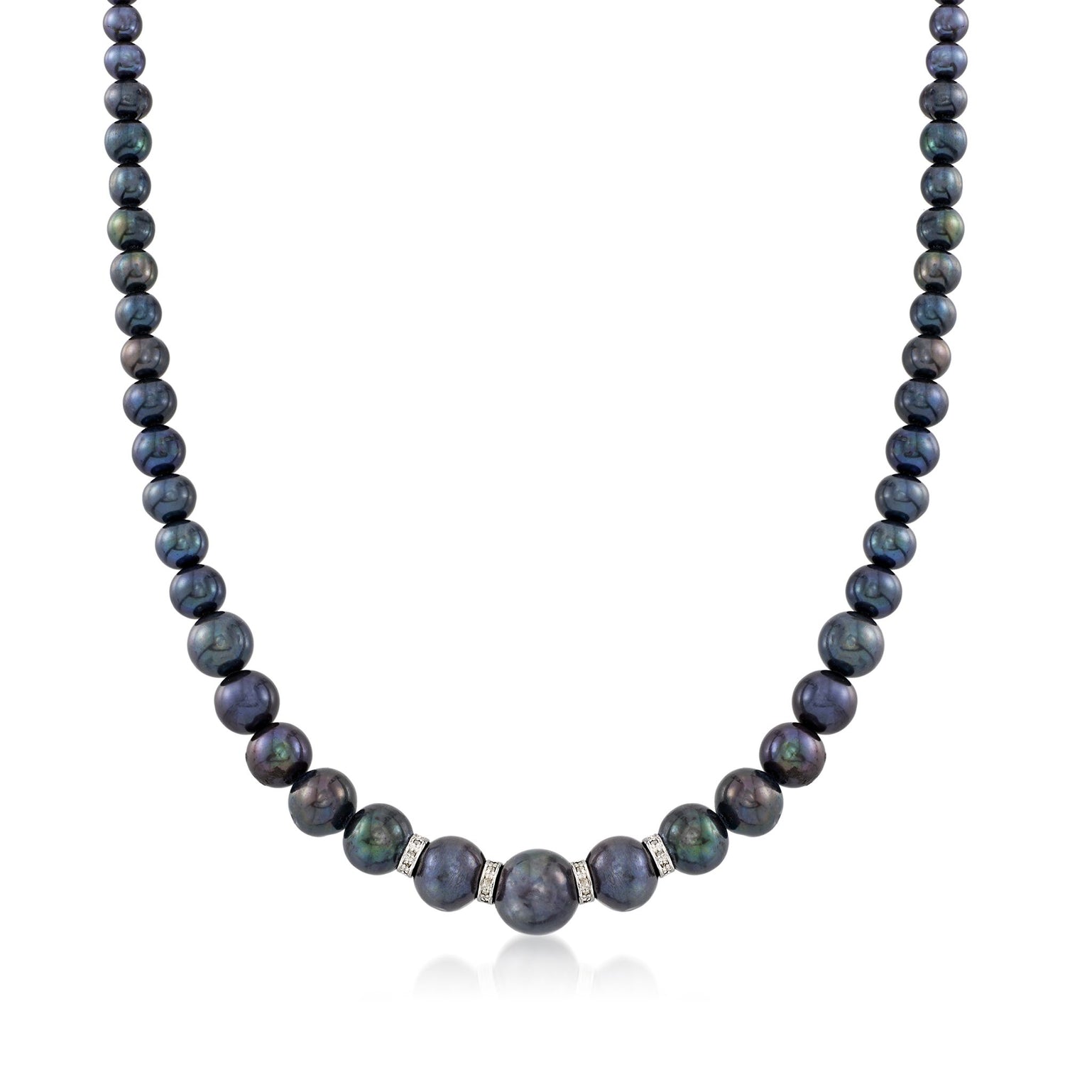 5-9mm Graduated Black Cultured Pearl Necklace with .26 ct. t.w. Diamonds in Sterling Silver