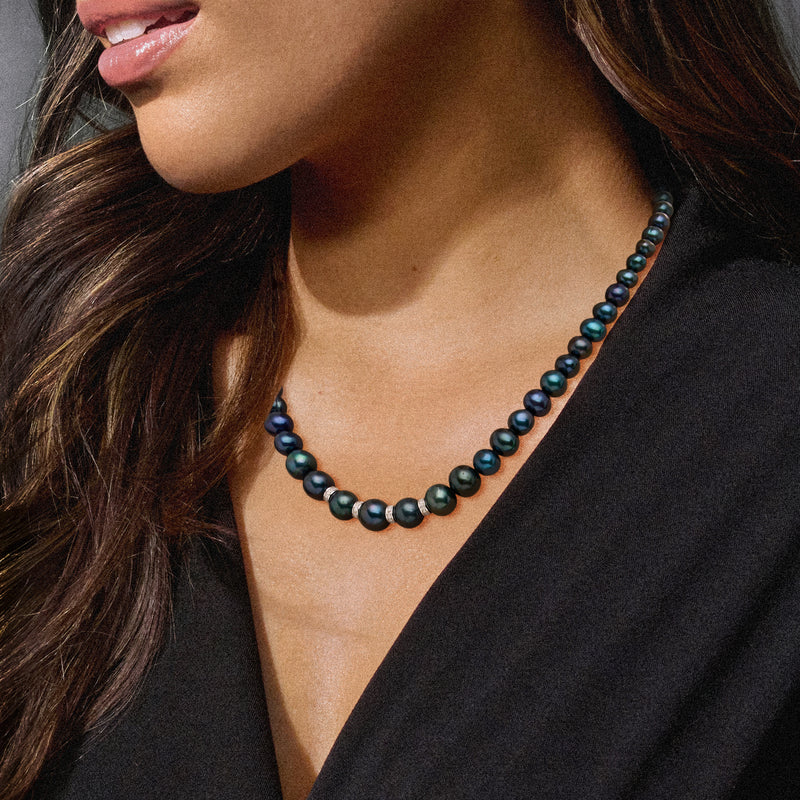 Graduated black cultured pearl necklace with iridescent green-blue highlights