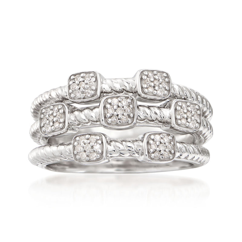 Sterling silver diamond ring set of three with twisted bands and square pavé settings