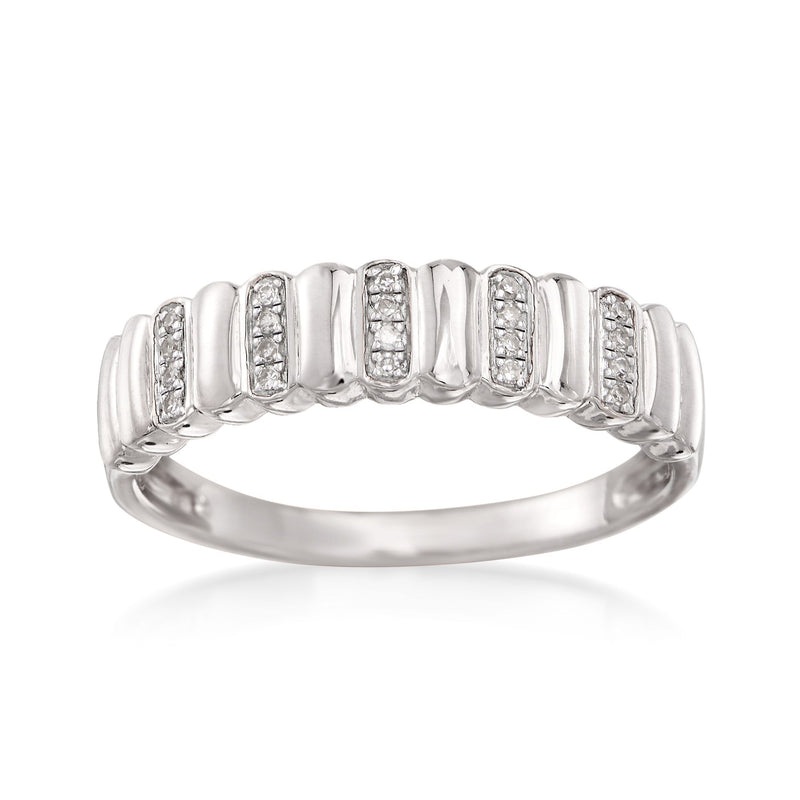 Sterling silver ribbed band ring with rectangular diamond-accent settings