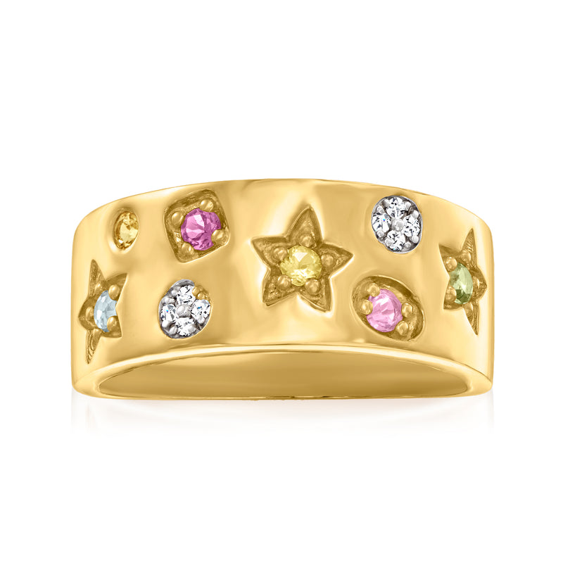 14kt yellow gold multi-stone ring with diamond accents and pink, green, and white stones