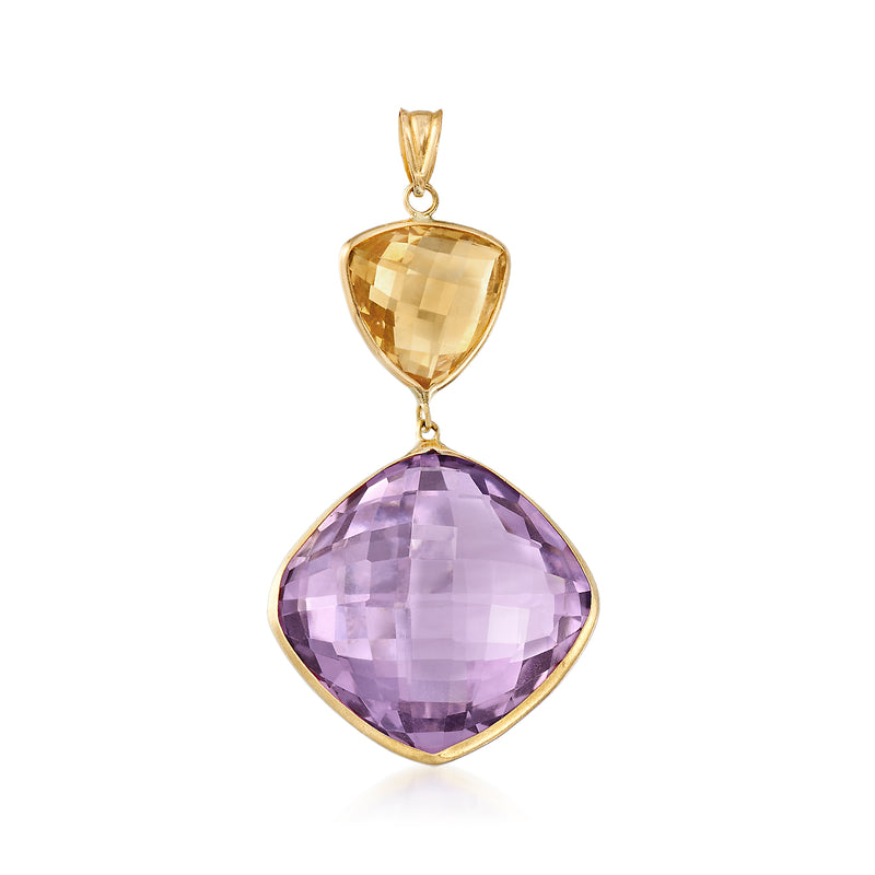 14kt yellow gold two-stone pendant with cushion-cut amethyst and citrine stones