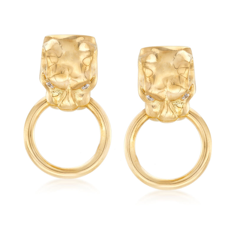 Yellow gold drop earrings with panther head doorknocker top and round hoop ring