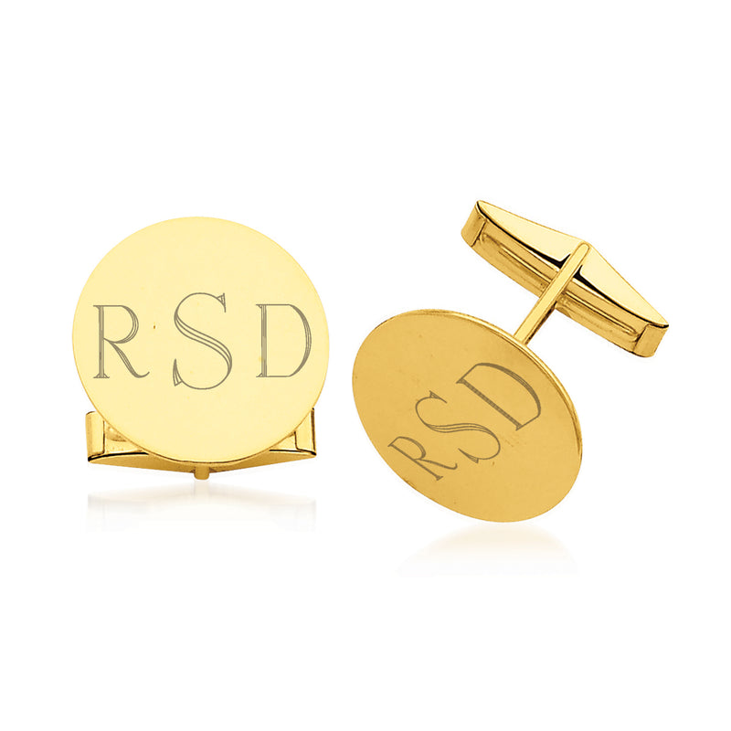 14kt yellow gold personalized circle cuff links with engraved R.S.D monogram
