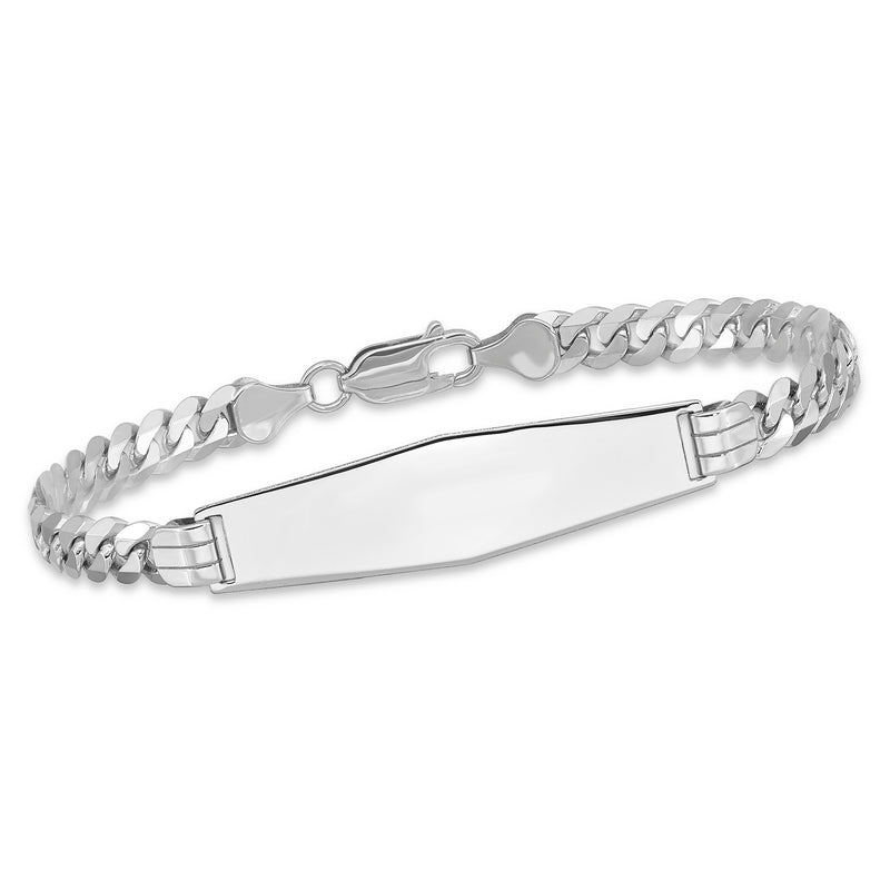 14kt white gold curb-link ID bracelet with diamond-shaped nameplate and clasp