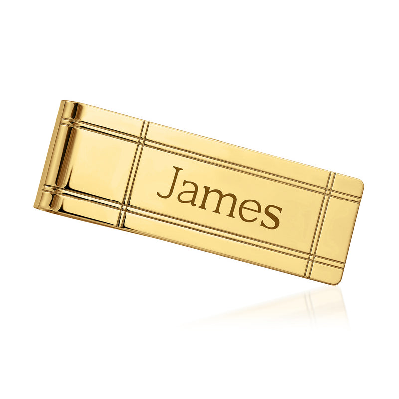 14kt yellow gold striped money clip with James engraving