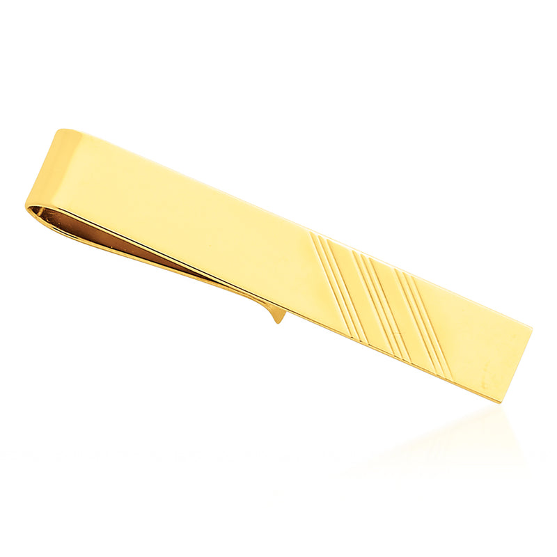 14kt yellow gold tie bar with engraved diagonal stripe design