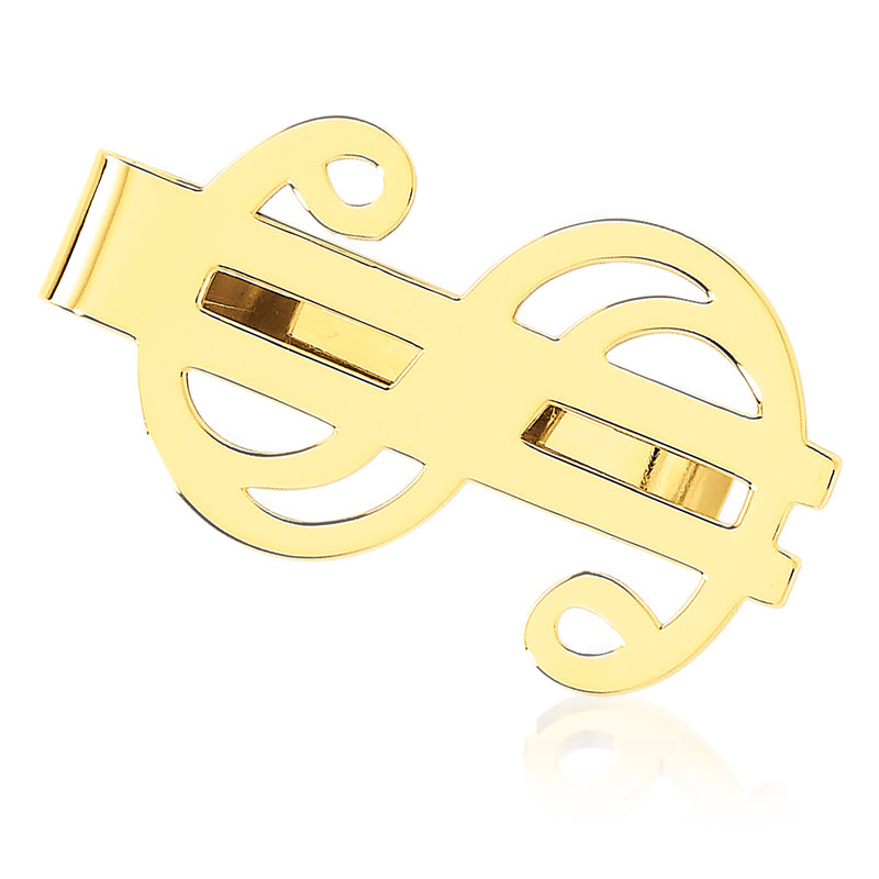 14kt yellow gold money clip with raised dollar-sign lettering