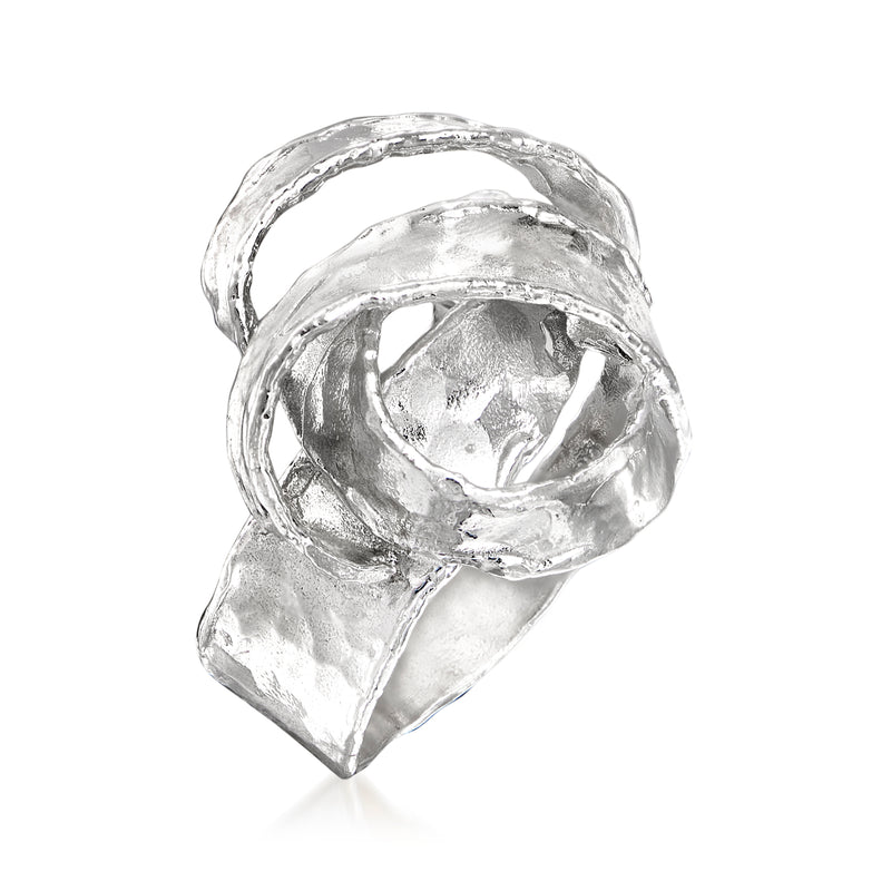 Sterling silver hammered knot ring with wide twisted band and shine finish
