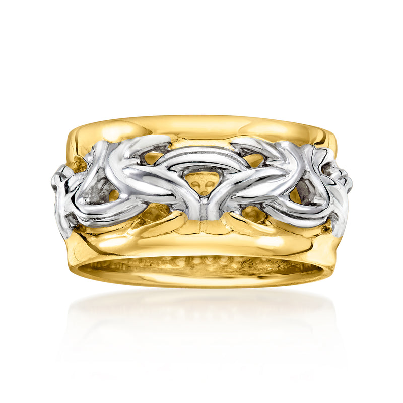 Two-tone silver and gold Byzantine band ring with textured cutout pattern