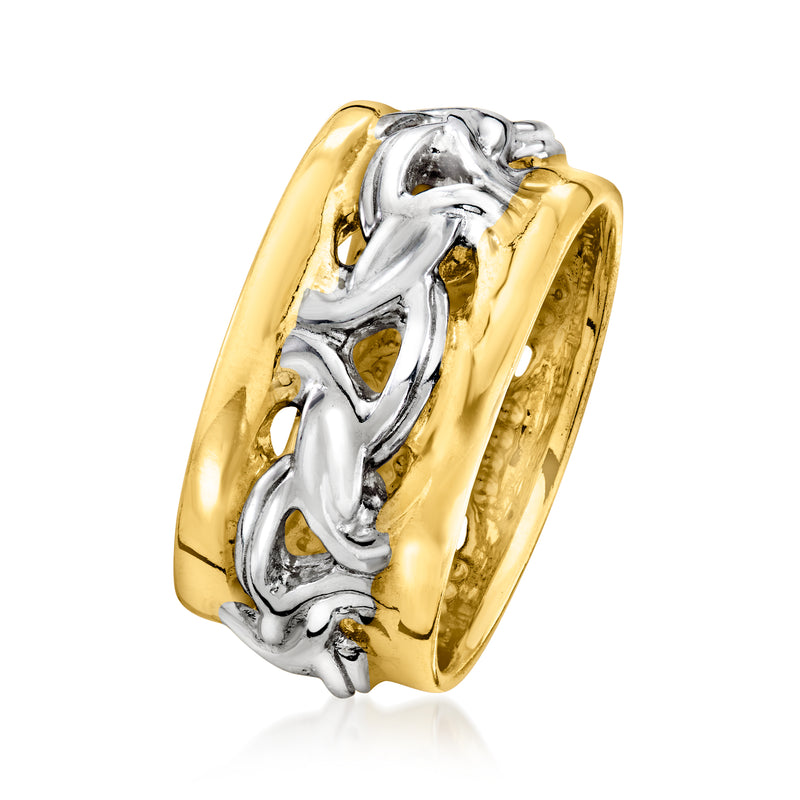 Two-tone Byzantine band ring with silver scrollwork on gold-toned band