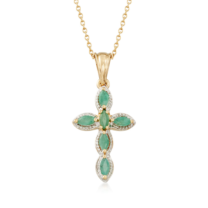 18k gold over sterling cross pendant necklace with green marquise stones