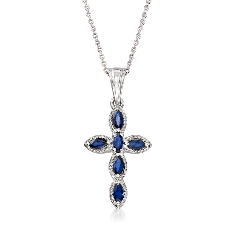 Sterling silver cross pendant necklace with three oval blue sapphire-style stones