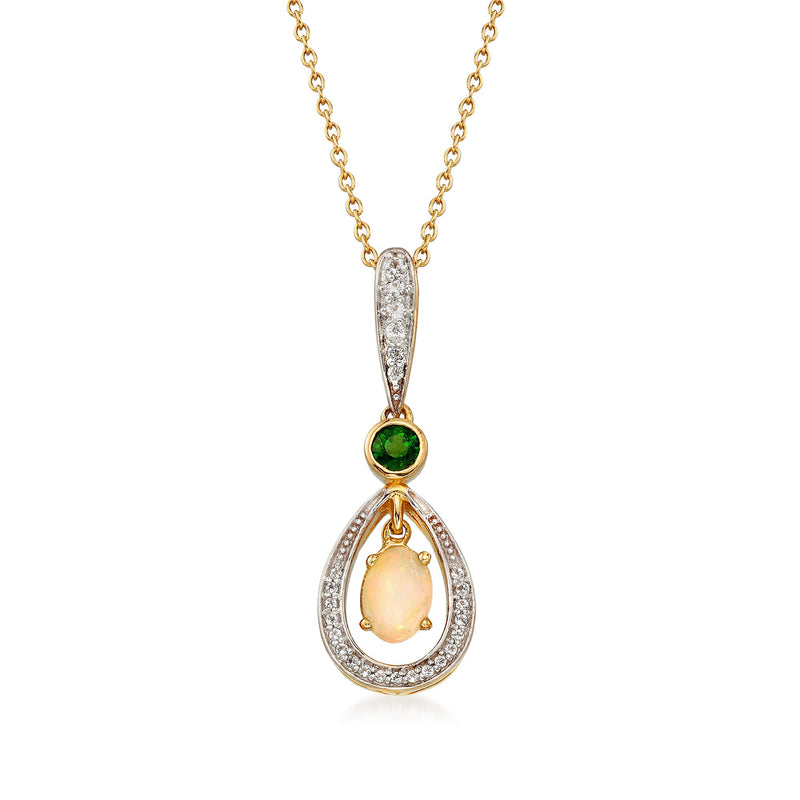Gold pendant necklace with pear-shaped halos, green round stone, and opal teardrop center.