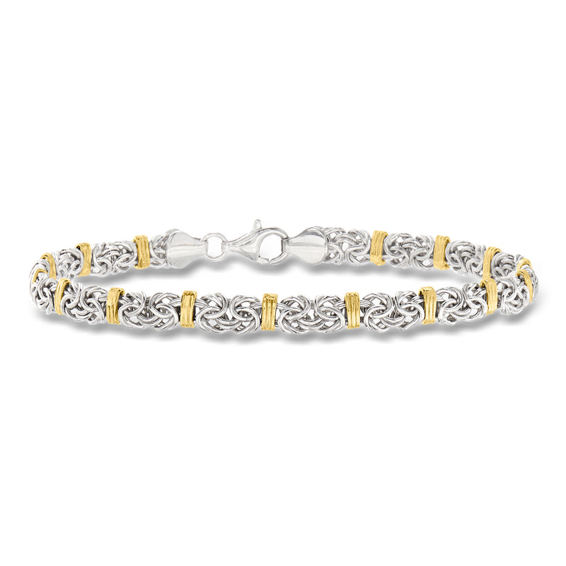 Sterling silver and 14kt yellow gold Byzantine station bracelet with hinged clasp