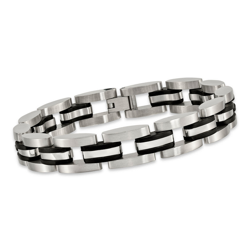 Men's stainless steel link bracelet with black rubber insets and polished segments