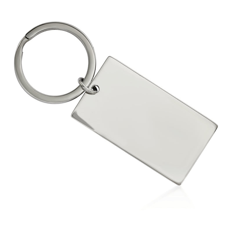 Stainless steel reversible rectangular keychain with split ring; brushed and polished shine.