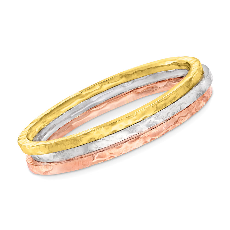 Tri-colored hammered square-edge bangle set: gold, silver, rose-tone oval stack